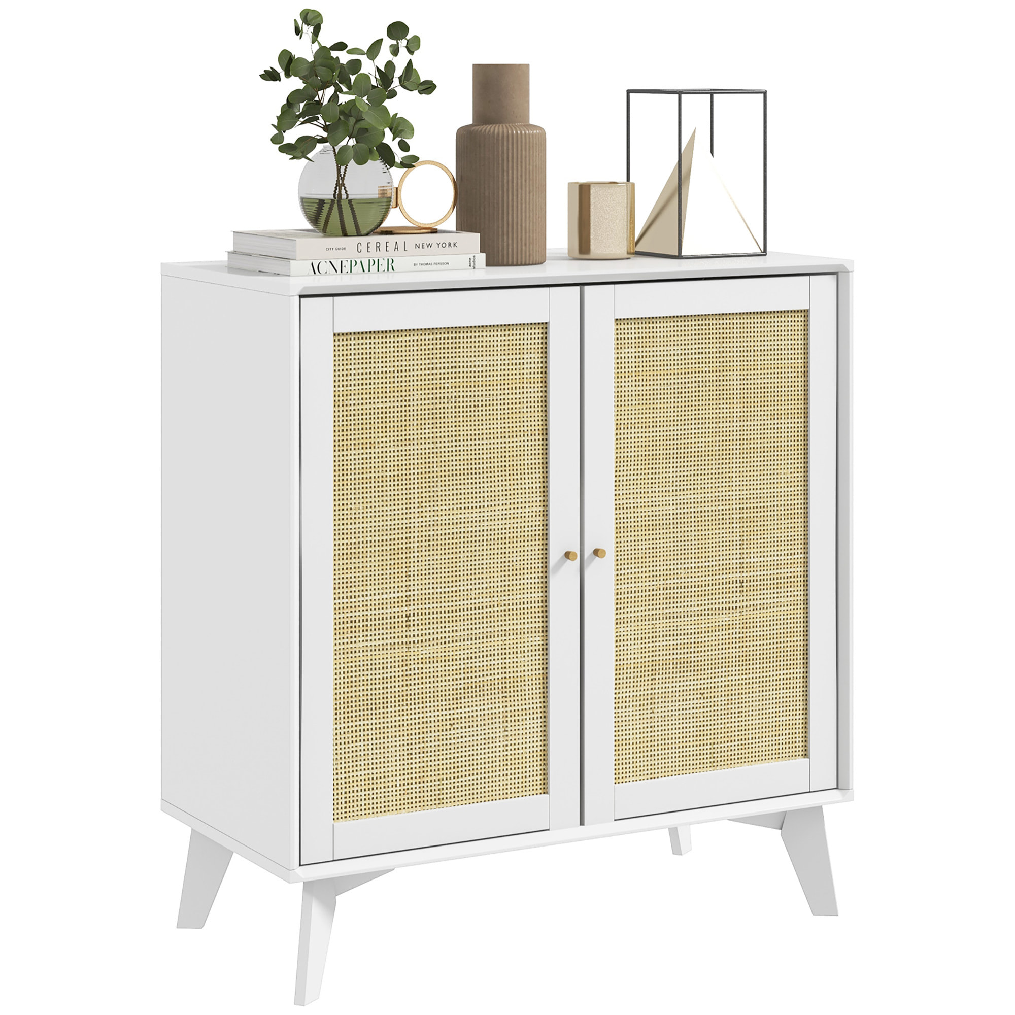 Buffet 2 portes étagère réglable style bohème chic cannage en rotin panneaux MDF blanc