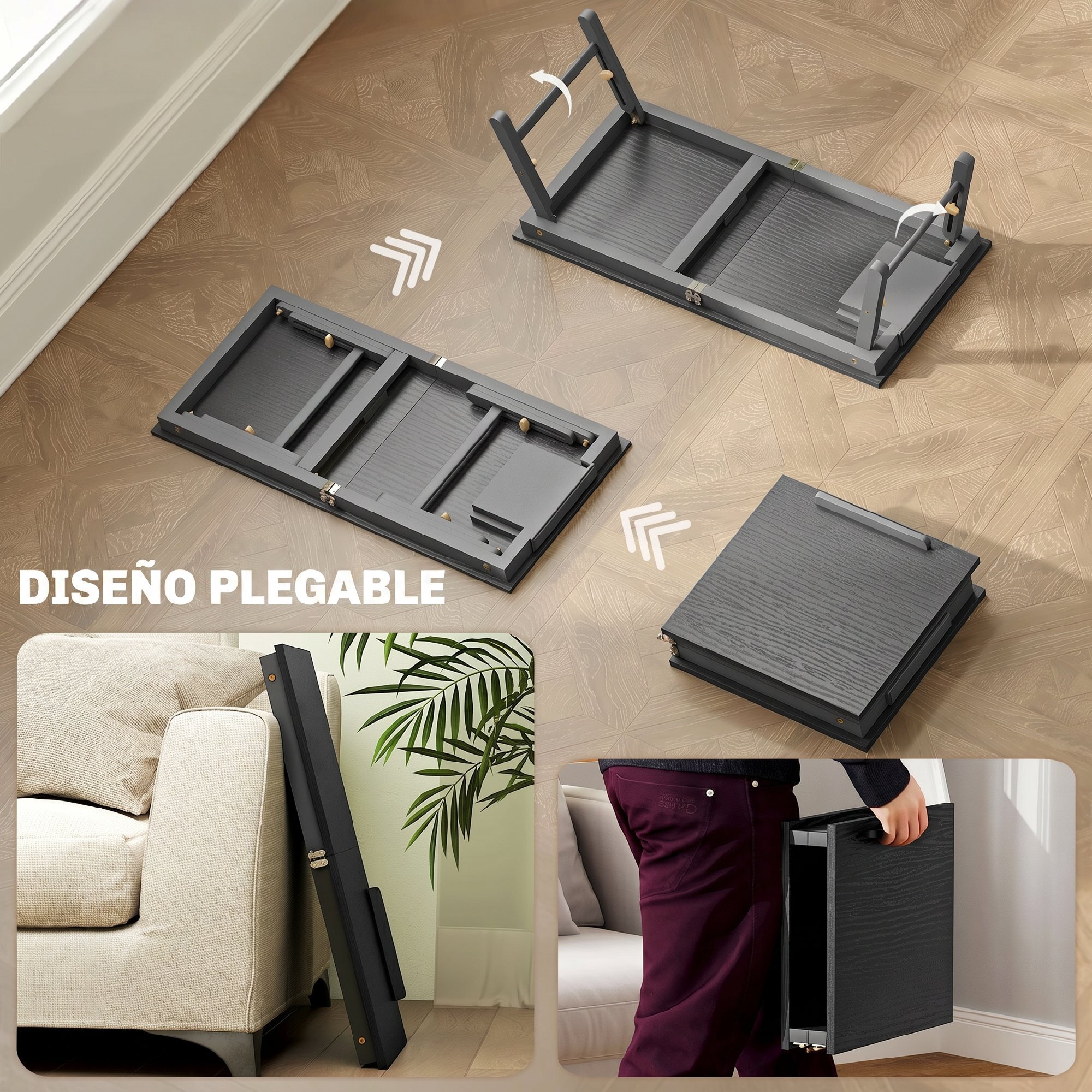Mesa Reclinable para Cama y Sofá, Bandeja Plegable con Cajón Lateral, para Ordenador Portátil y Libros, con Cinco Alturas, Patas Ajustables, Mesita Auxiliar de Bambú y MDF, 83,5x33x34 cm, Negro