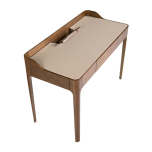 Escritorio tocador en madera chapada en nogal natural combinado con un elegante tapizado en polipiel en crema 116x55x82cm