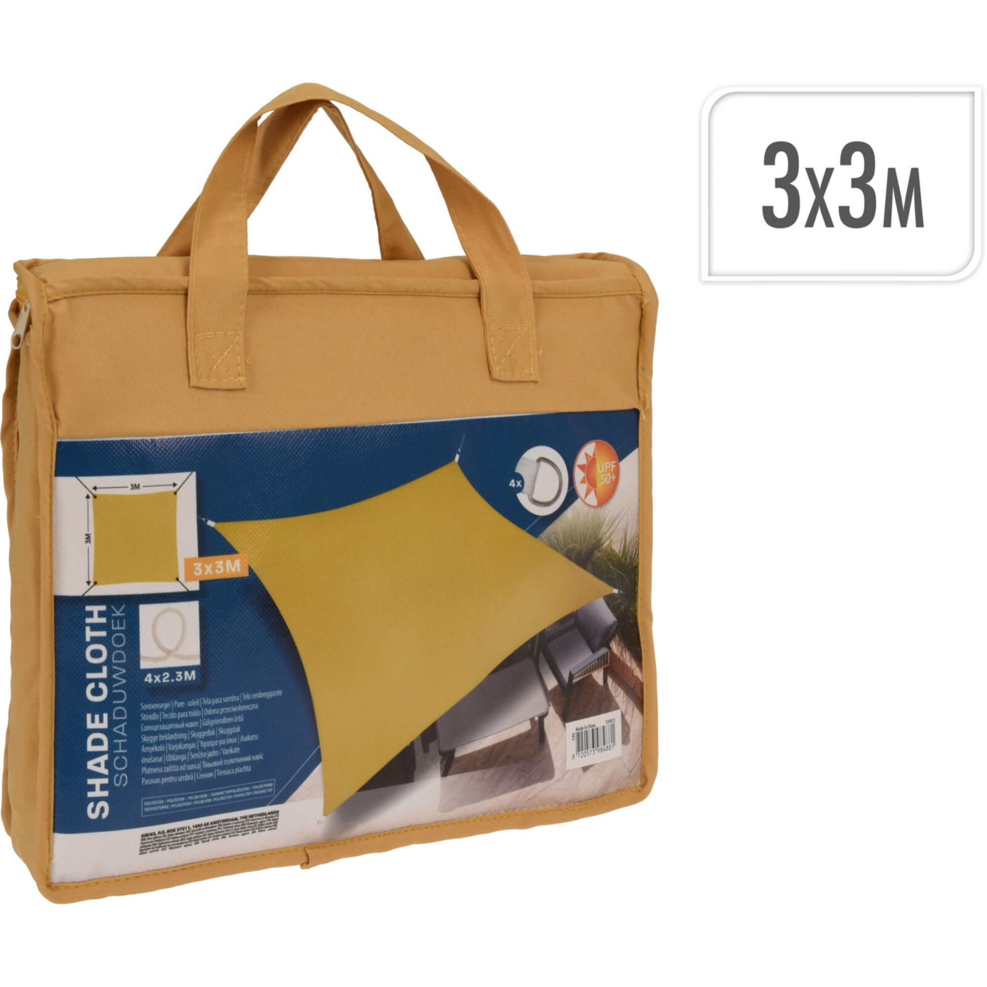 Sombrilla de tela para exterior 3x3m en amarillo ocre Pantone 16-0945TPG, ganchos de metal y bolsa de transporte incluida