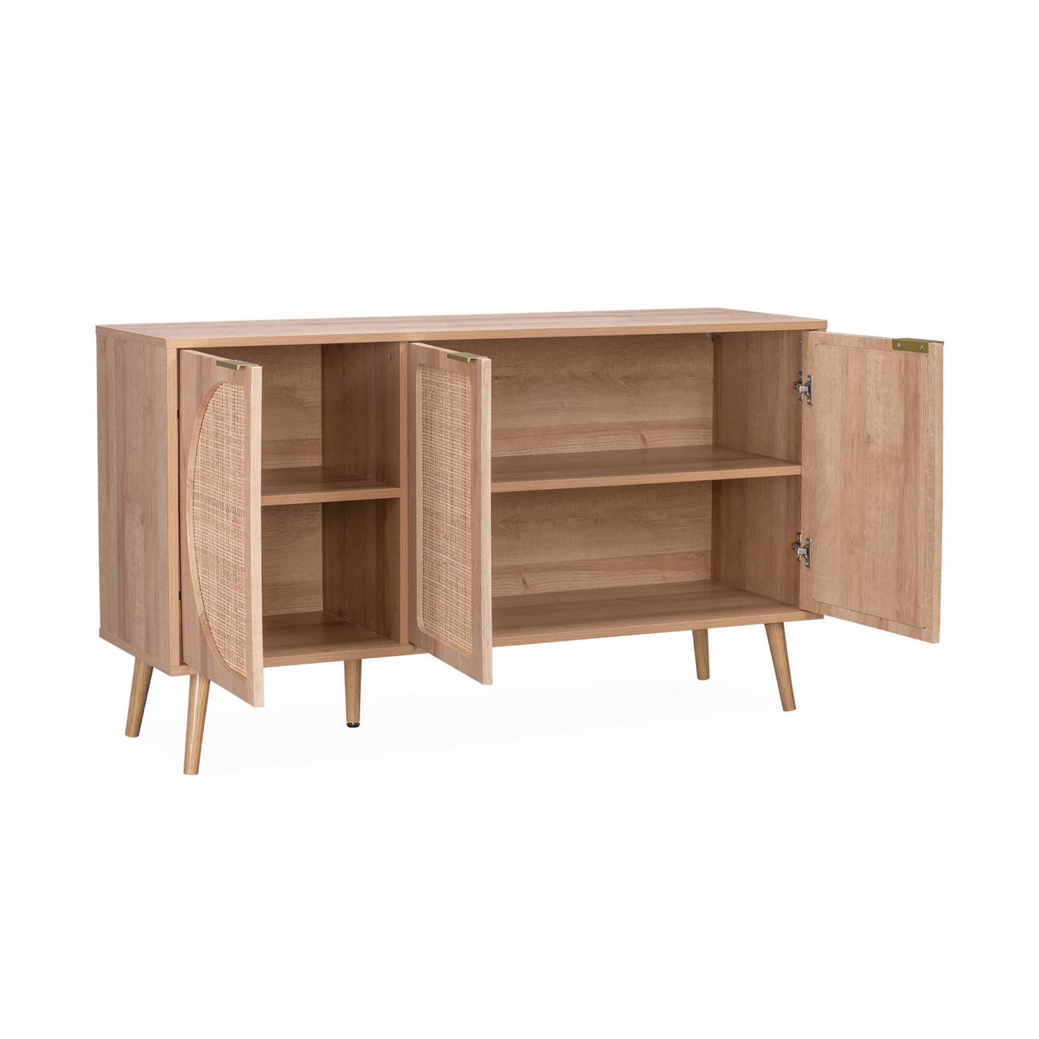 Buffet de rangement. Eva. cannage arrondis et décor bois. trois portes. deux niveaux . buffet bas. L 120 x l39 x H70cm