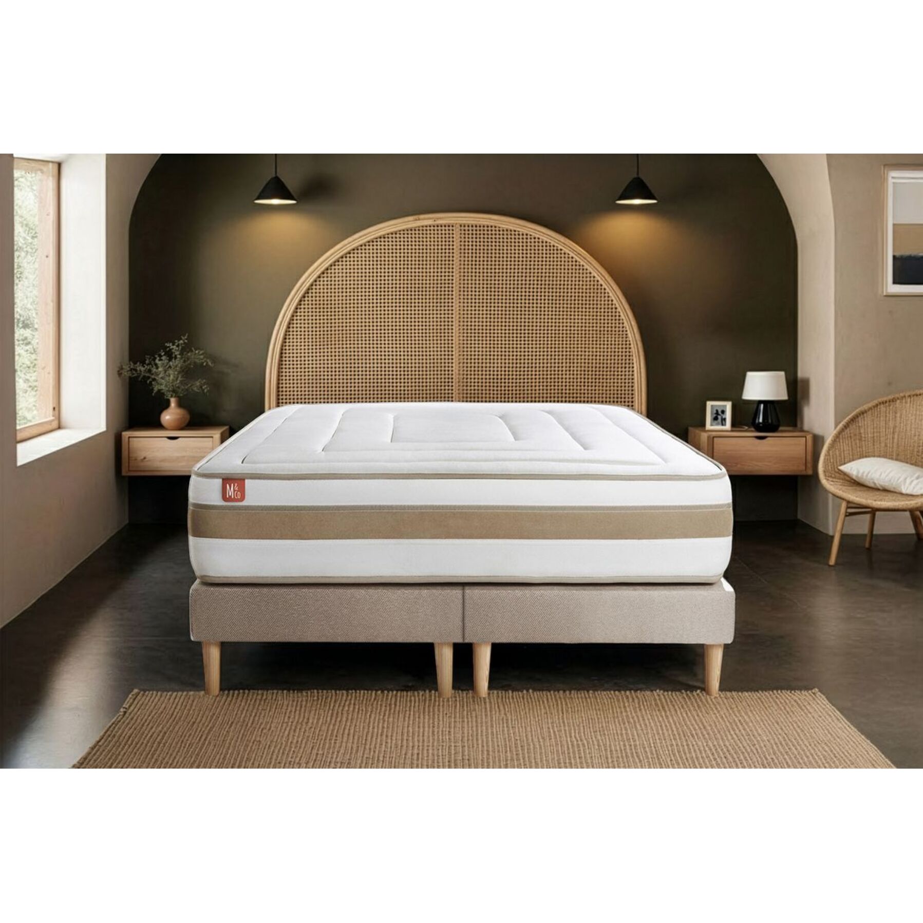 Ensemble Matelas Le Raffiné - 26cm - Ressorts ensachés et mémoire de forme - Confort haut de gamme, impact réduit. - Sommier Tapissier Beige