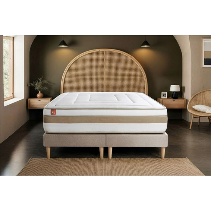 Ensemble Matelas Le Raffiné - 26cm - Ressorts ensachés et mémoire de forme - Confort haut de gamme, impact réduit. - Sommier Tapissier Beige