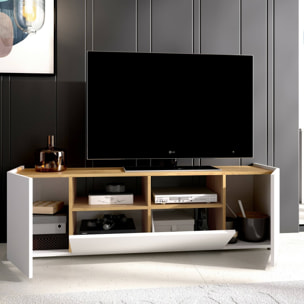 Mobile porta TV Etna, Credenza bassa da soggiorno, Madia da salotto per televisione, 142x35h44 cm, Bianco e Rovere Nodi