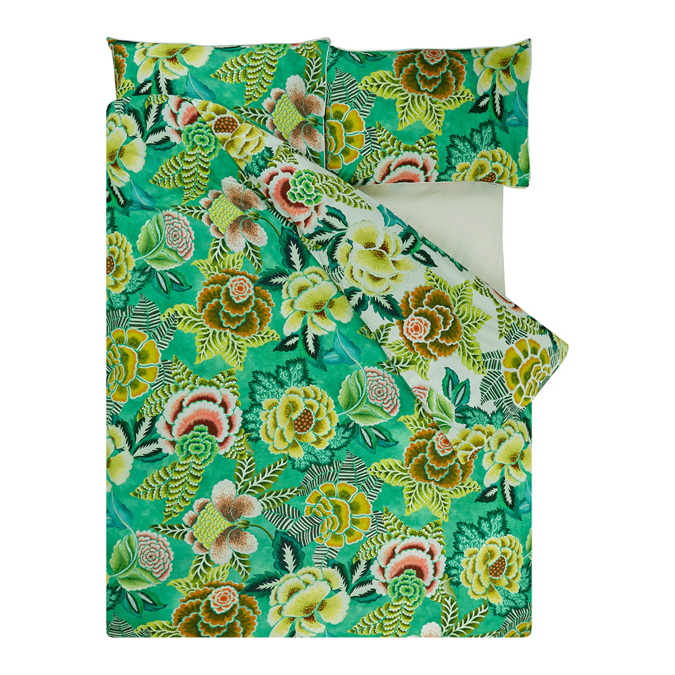 Housse de couette imprimée en percale de coton, ROSE DE DAMAS, Vert jade