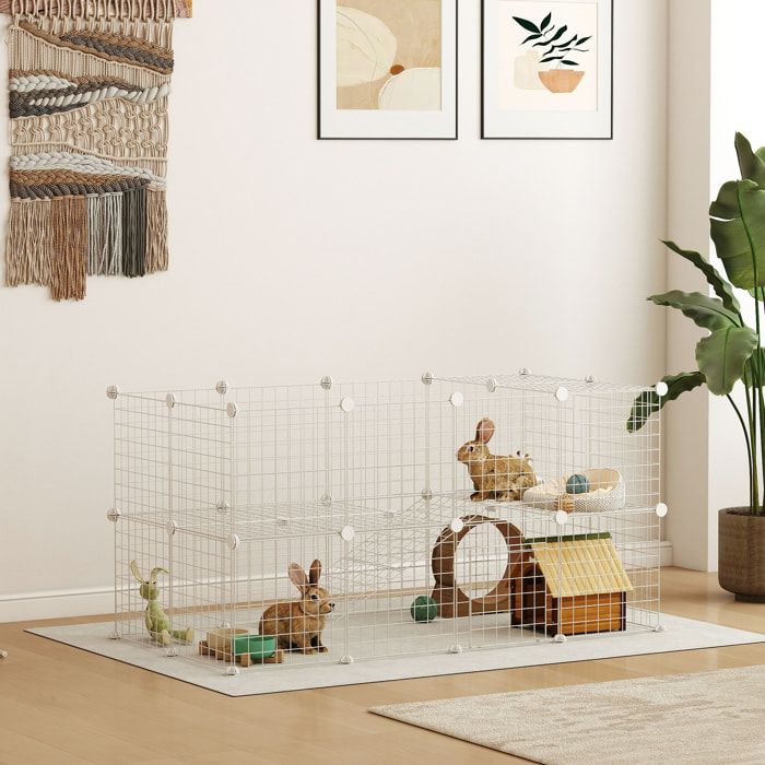 Cage parc enclos pour animaux domestiques L 146 x l 73 x H 73 cm modulable 2 niveaux 36 panneaux bords arrondis fil métallique blanc