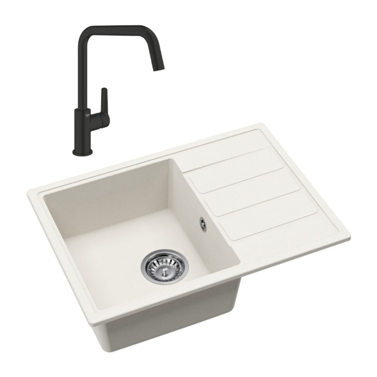 62x44 cm évier avec égouttoir réversible en Granite, à encastrer, blanc + mitigeur lavabo/cuisine Grohe Start (SATSE2WG3047)