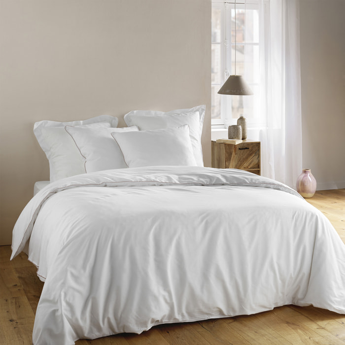 Parure de lit blanche galon pompons beiges - Blanc