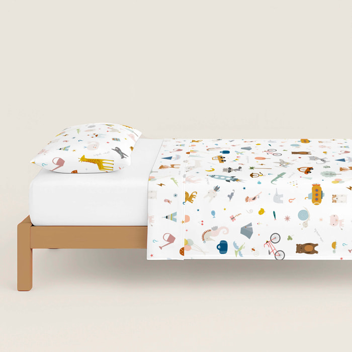 Juego de Sábanas Estampadas - Infantil - Incluye 1 Funda de Almohada - 100% Algodón - Veo Veo Reverso