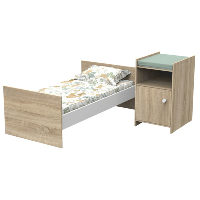 Lit bébé combiné 120x60 évolutif en 90x190 en décor bois avec commode à langer 1 porte