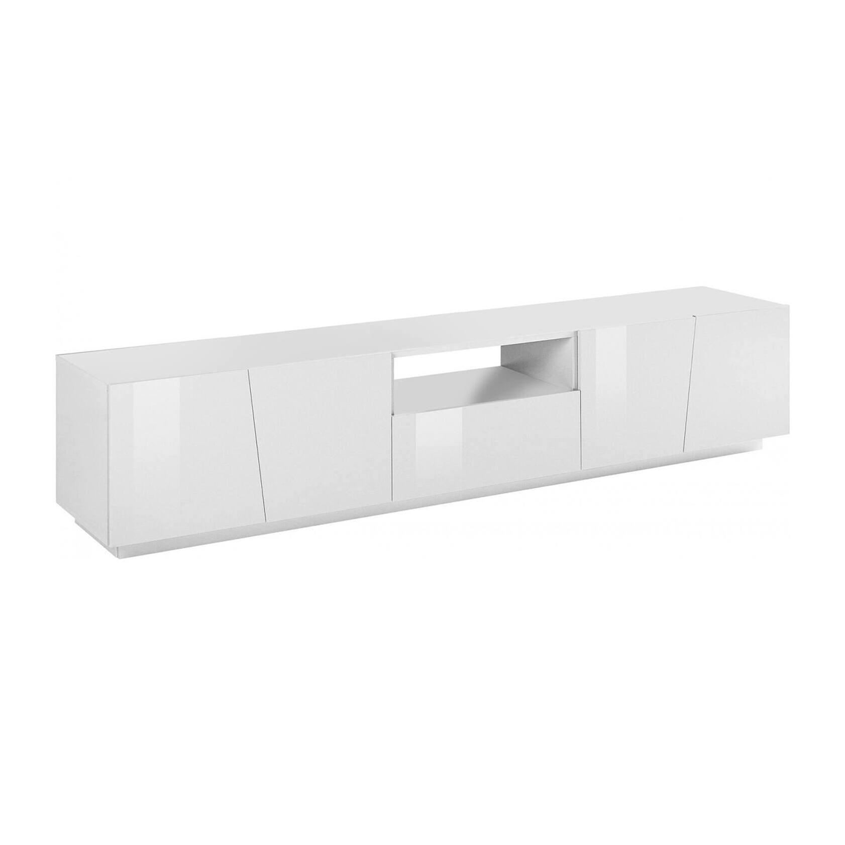 Mobile da soggiorno Porta TV, Made in Italy, Supporto per TV da salotto a 4 ante e 1 cassetto, cm 220x43h46, colore Bianco lucido