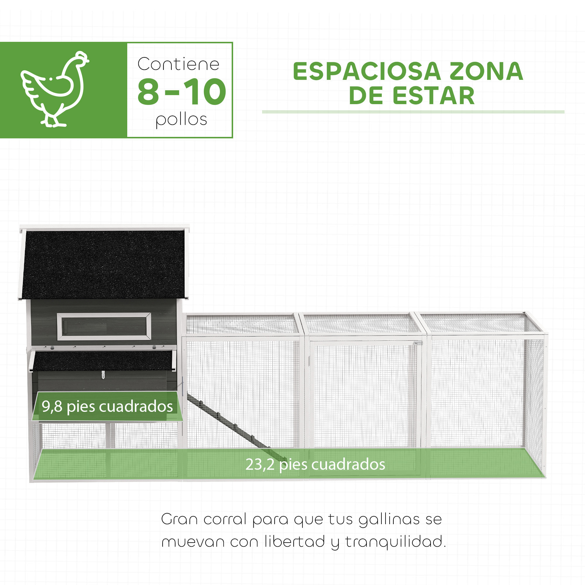 Gallinero de Madera Grande Exterior, Caseta para Gallinas con 2 Nidos, Corral, Techo Asfáltico, Bandeja Extraíble y Rampa, Casa Elevada para 8-10 Gallinas, Conejos, 347x160x150 cm, Gris Oscuro