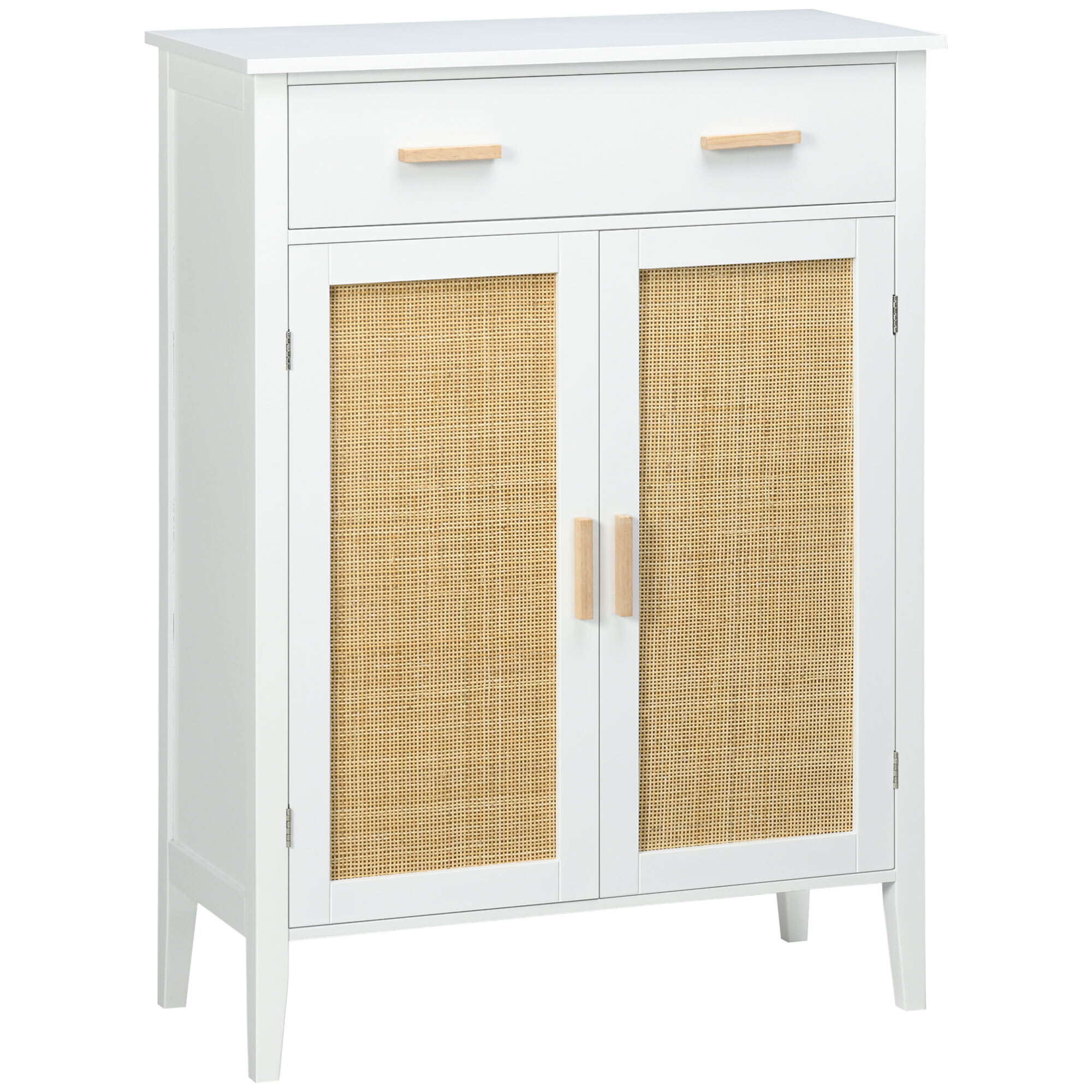 Meuble à chaussures style bohème chic - 2 portes, 3 étagères, tiroir - MDF blanc cannage rotin