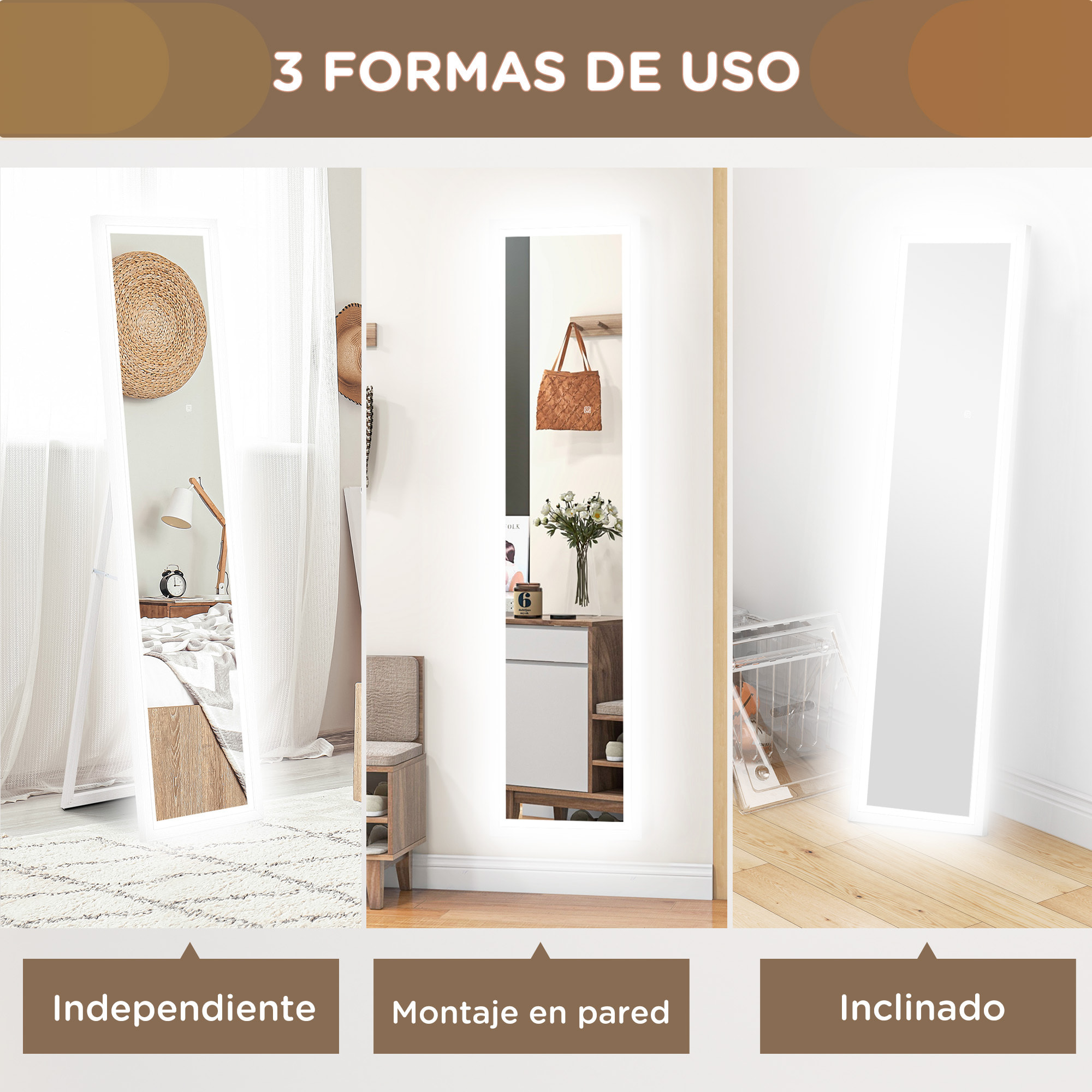 Espejo de Cuerpo Entero con Luz LED 160x40 cm Espejo de Pie o de Pared con Iluminación de 3 Colores Táctil Inteligente Función de Memoria y Soporte para Salón Dormitorio Blanco