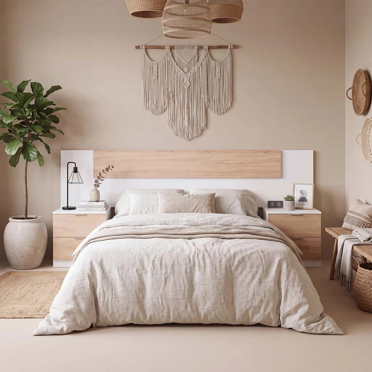 Cabecero para cama de 135-150 cm y 2 mesitas con cajones en blanco artik y roble canadian Akari Blanco Artik (Blanco Mate) - Roble Canadian
