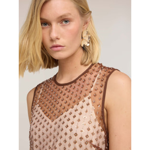 Motivi - Vestido tubo de tul bordado - Beige