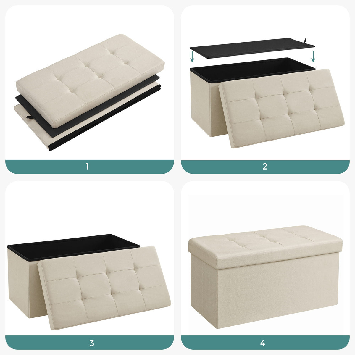 Panca Contenitore Pieghevole in Tessuto Effetto Lino Beige