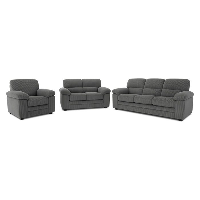 MATHEW Ensemble canapé 3 places + 2 places + fauteuil en velours côtelé gris foncé