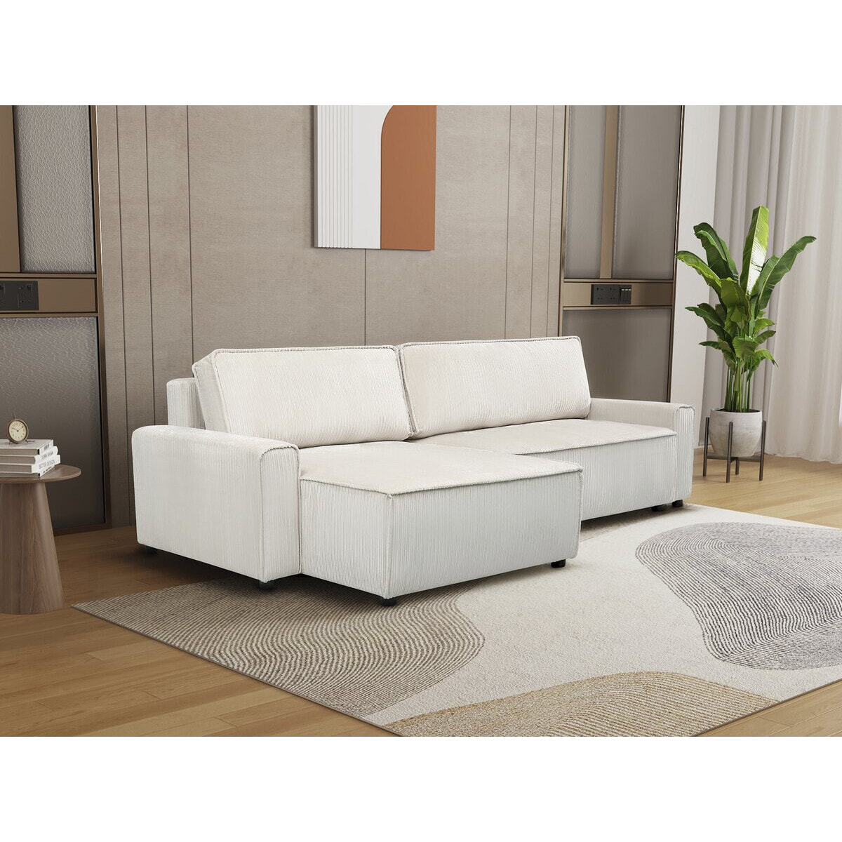 Canapé d'angle convertible et reversible en velours côtelé "Montaigne" - 3 places  - Beige