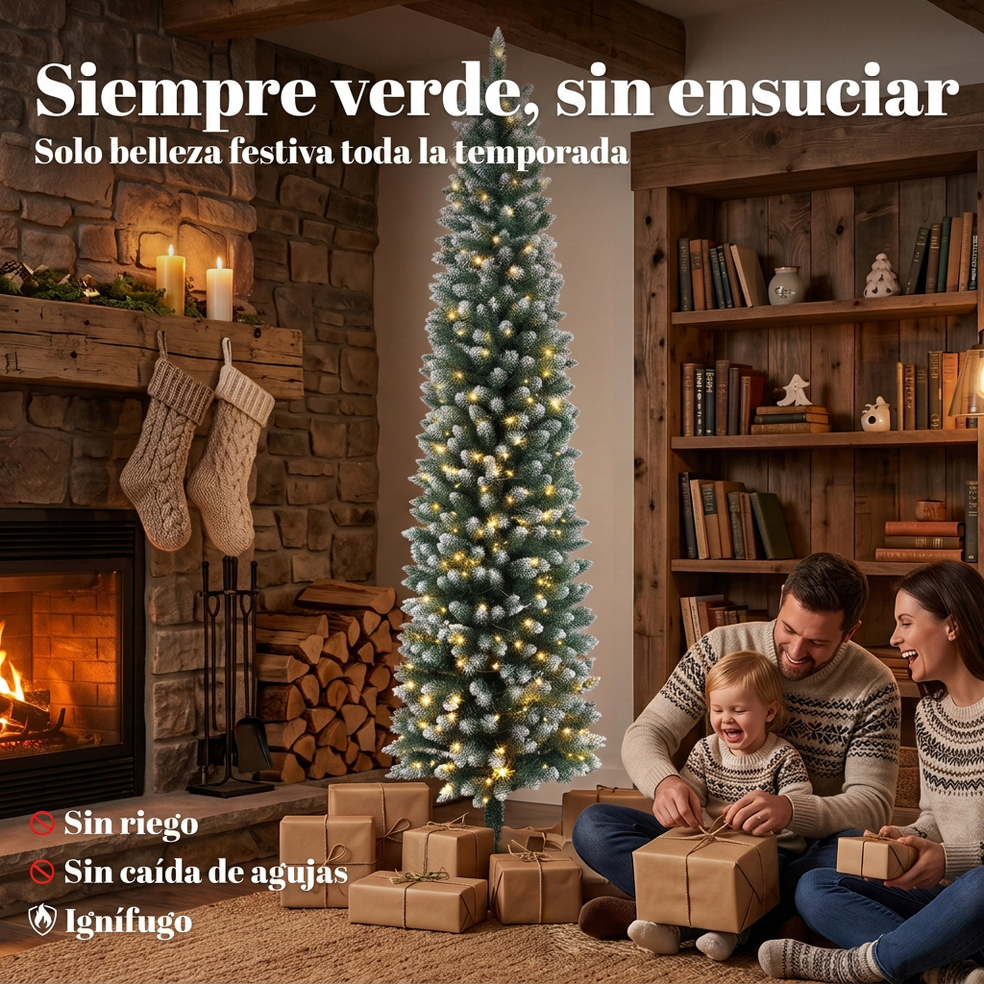 Árbol de Navidad Estrecho con 170 Luces LED Bicolor, 180 cm, Árbol de Navidad de Abeto Nevado, 351 Ramas Ignífugas, 11 Modos, Mando a Distancia, Estructura de Acero, Verde y Blanco