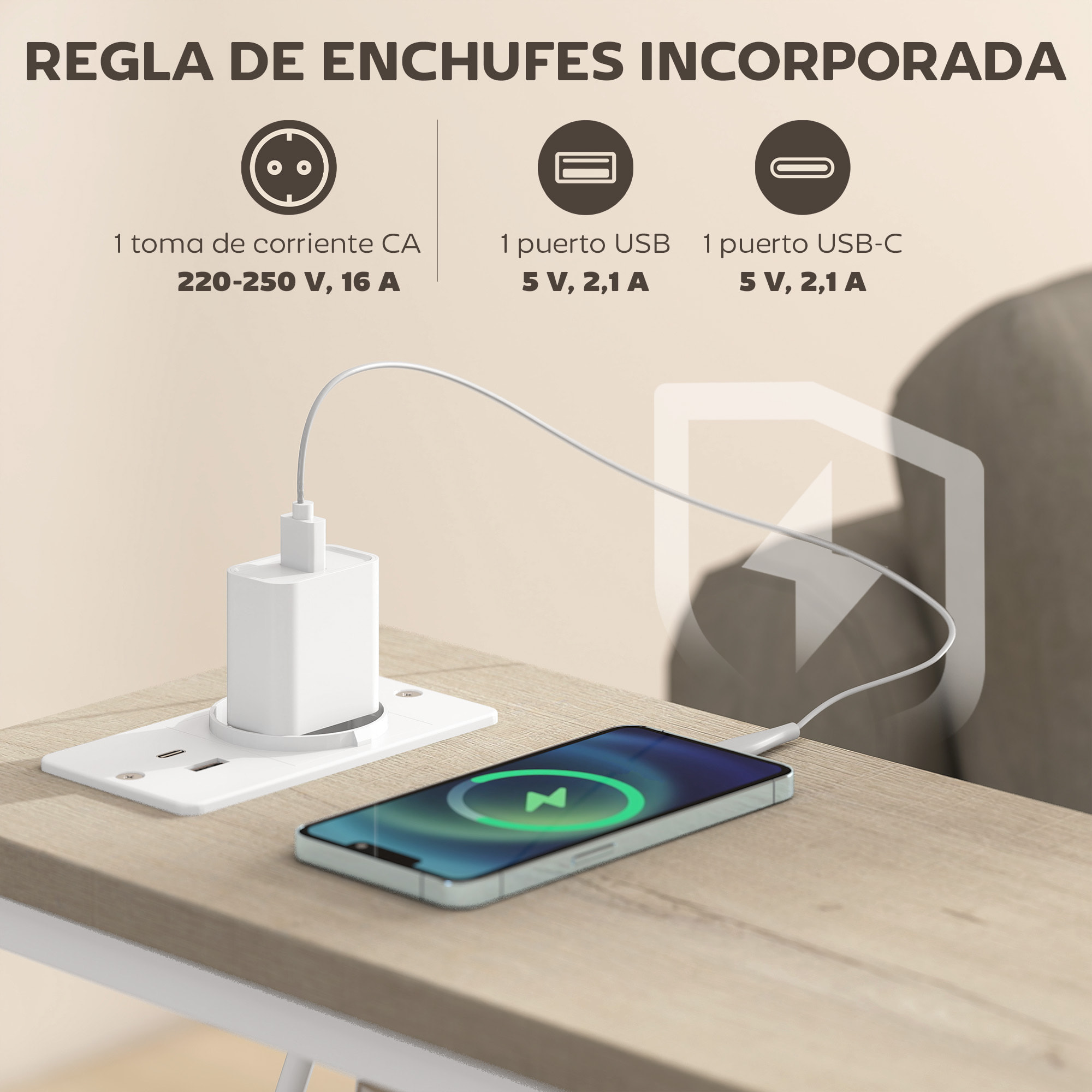 Juego de 2 Mesas Auxiliares con Enchufe, Mesitas Auxiliares Estrechas con Toma AC, Puerto USB, Puerto USB-C, 2 Cajones de Tela, Estante Abierto, para Salón, Dormitorio, Natural