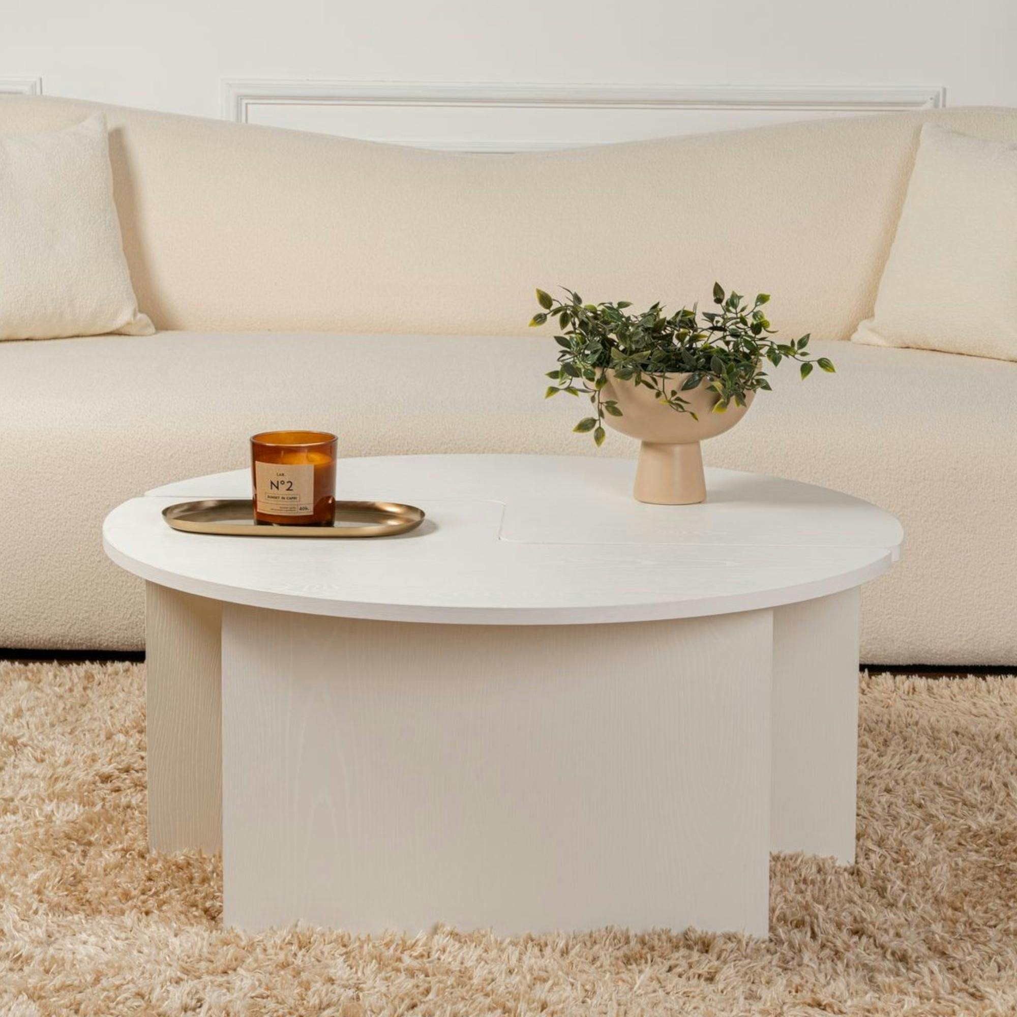 Table basse ronde blanche effet bois - design puzzle MARFA