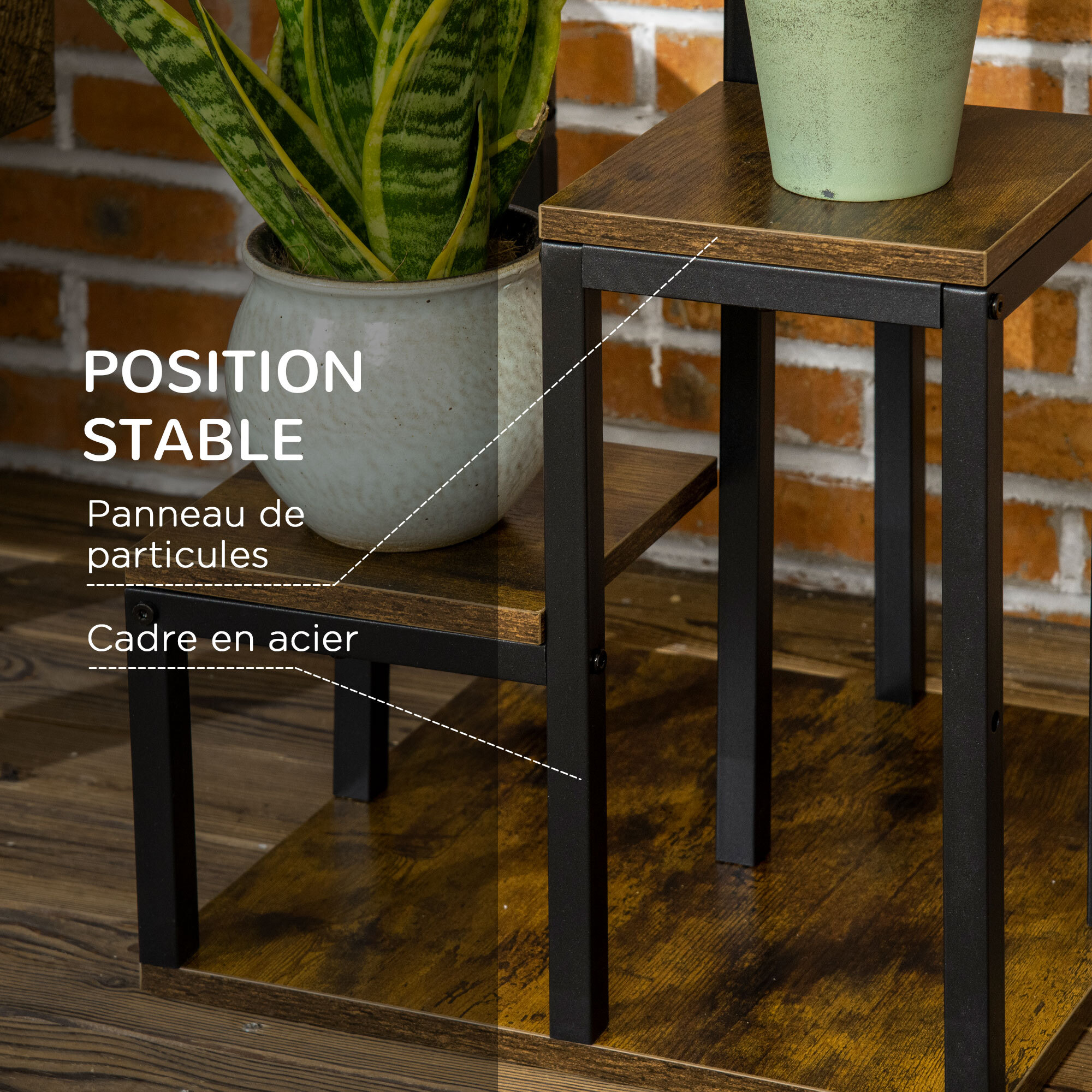 Support à fleurs style industriel 5 niveaux - porte plante 4 étagères - acier époxy noir aspect bois foncé