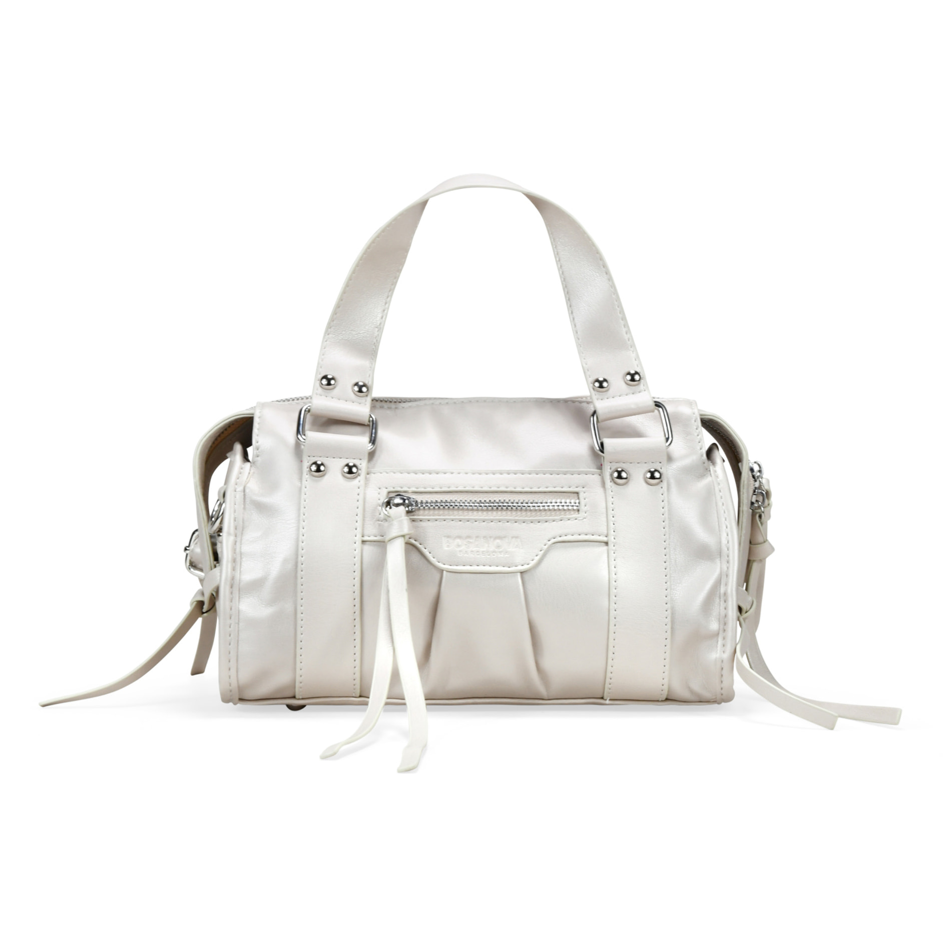 Bolso de mano beige rectangular con tachuelas