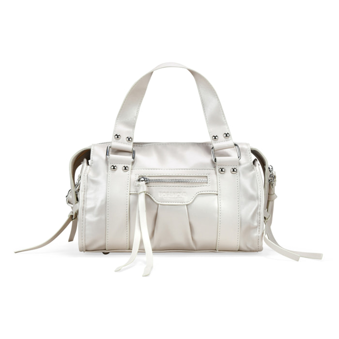 Bolso de mano beige rectangular con tachuelas