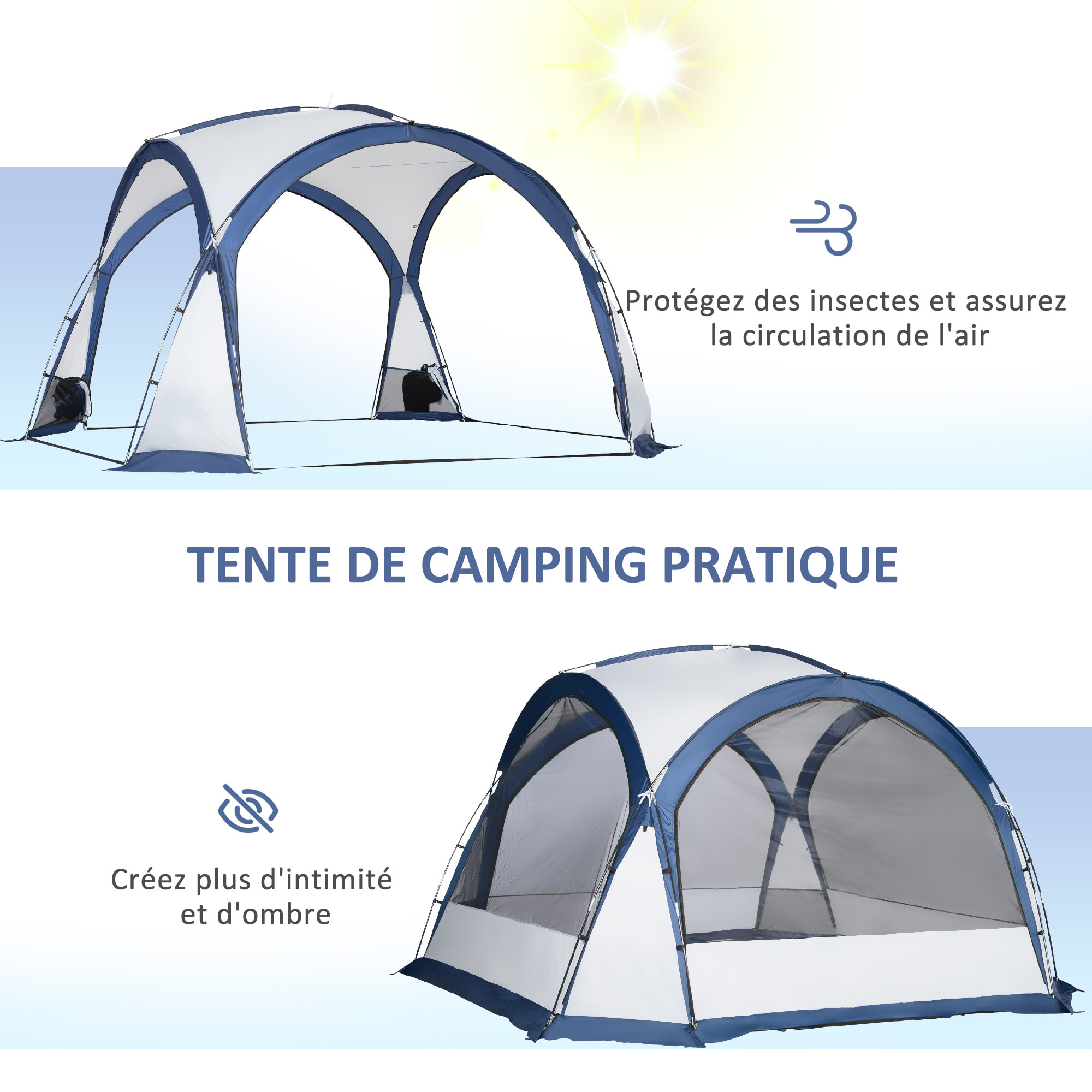 Tente de camping dôme familiale 6-8 personnes - 4 portes en filet zippées, tissu Oxford amovible, crochet lampe, sac de transport - dim. 350L x 350l x 230H cm - blanc bleu