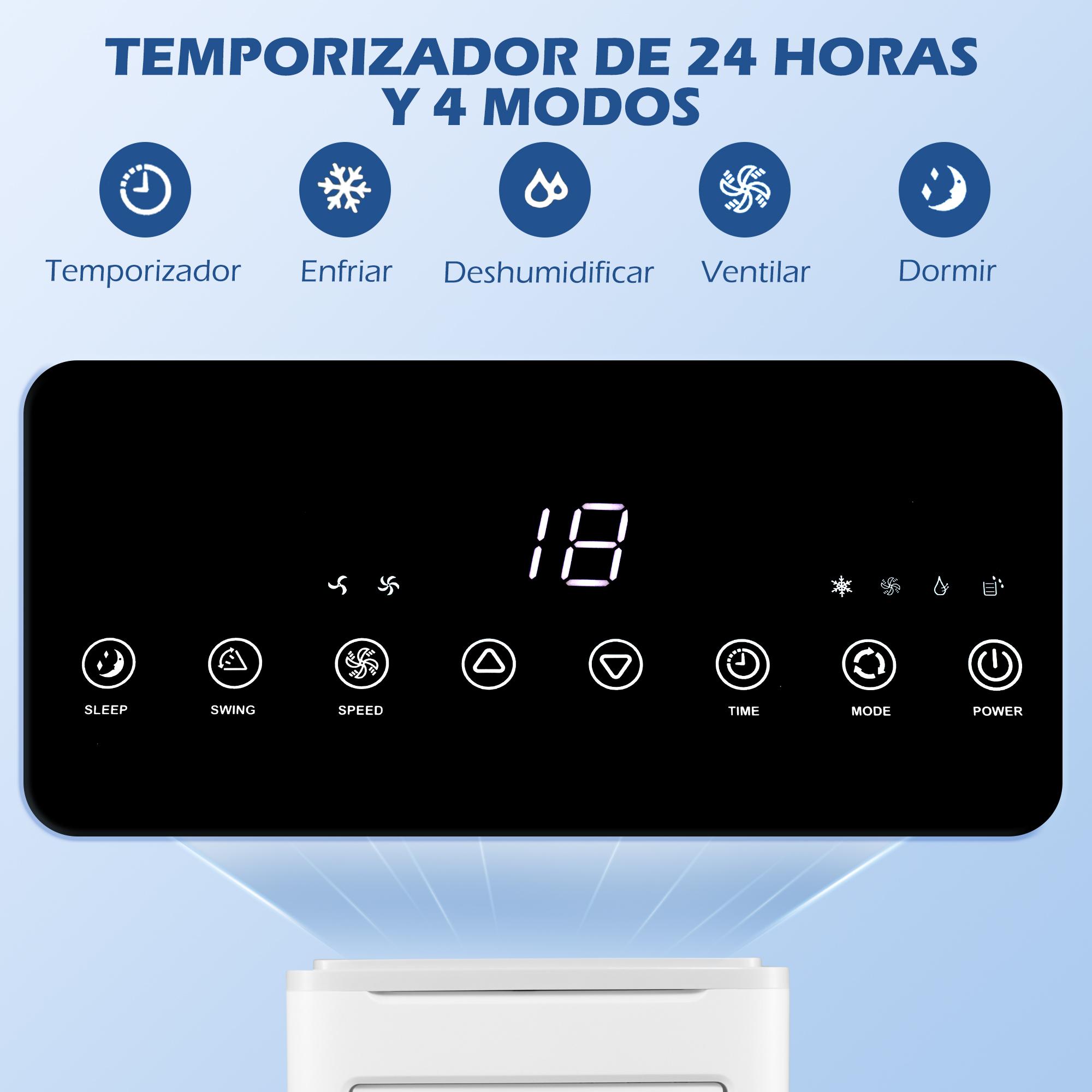 Aire Acondicionado Portátil 9000BTU 1010W Refrigerador Ventilador Deshumidificador con Pantalla LED Control Remoto Temporizador para Habitación de 20 m² 35,3x35x72,5 cm Blanco