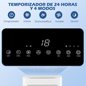 Aire Acondicionado Portátil 9000BTU 1010W Refrigerador Ventilador Deshumidificador con Pantalla LED Control Remoto Temporizador para Habitación de 20 m² 35,3x35x72,5 cm Blanco