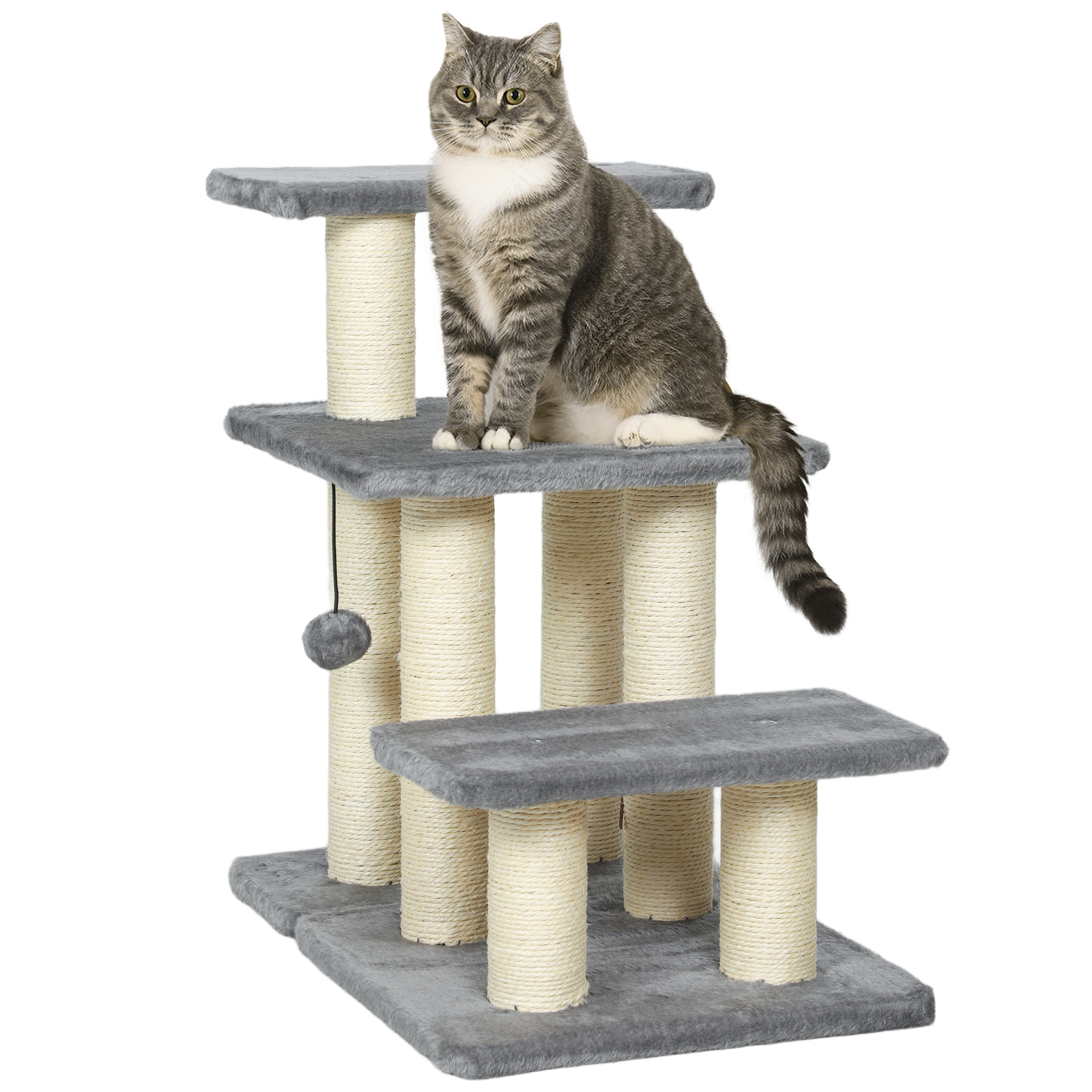 Escalera para Gatos de 3 Peldaños, Escalera para Mascotas, Estructura Ajustable, con Postes Rascadores, Bola Colgante, Carga 10 kg, para Cama, Sofá, 52x34,5x54 cm, Gris