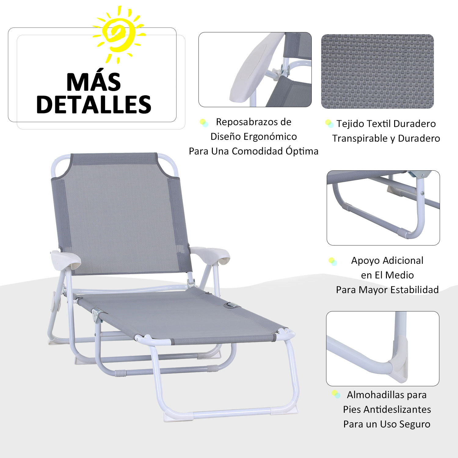 Tumbona Reclinable y Plegable de Jardín Respaldo Ajustable en 4 Posiciones Gris