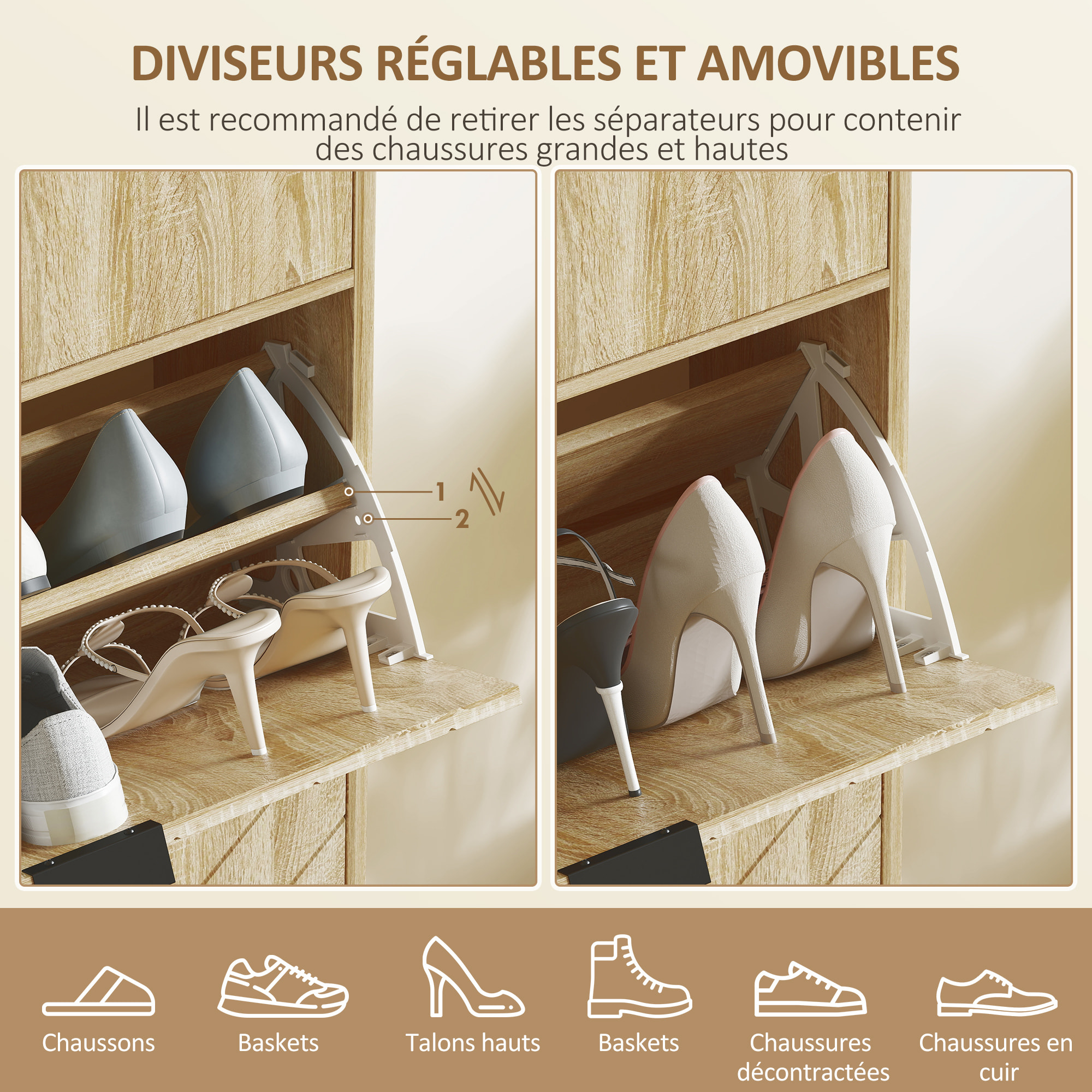 Meuble à chaussures design sur pied - 2 portes, tiroir coulissant - acier noir effet bois