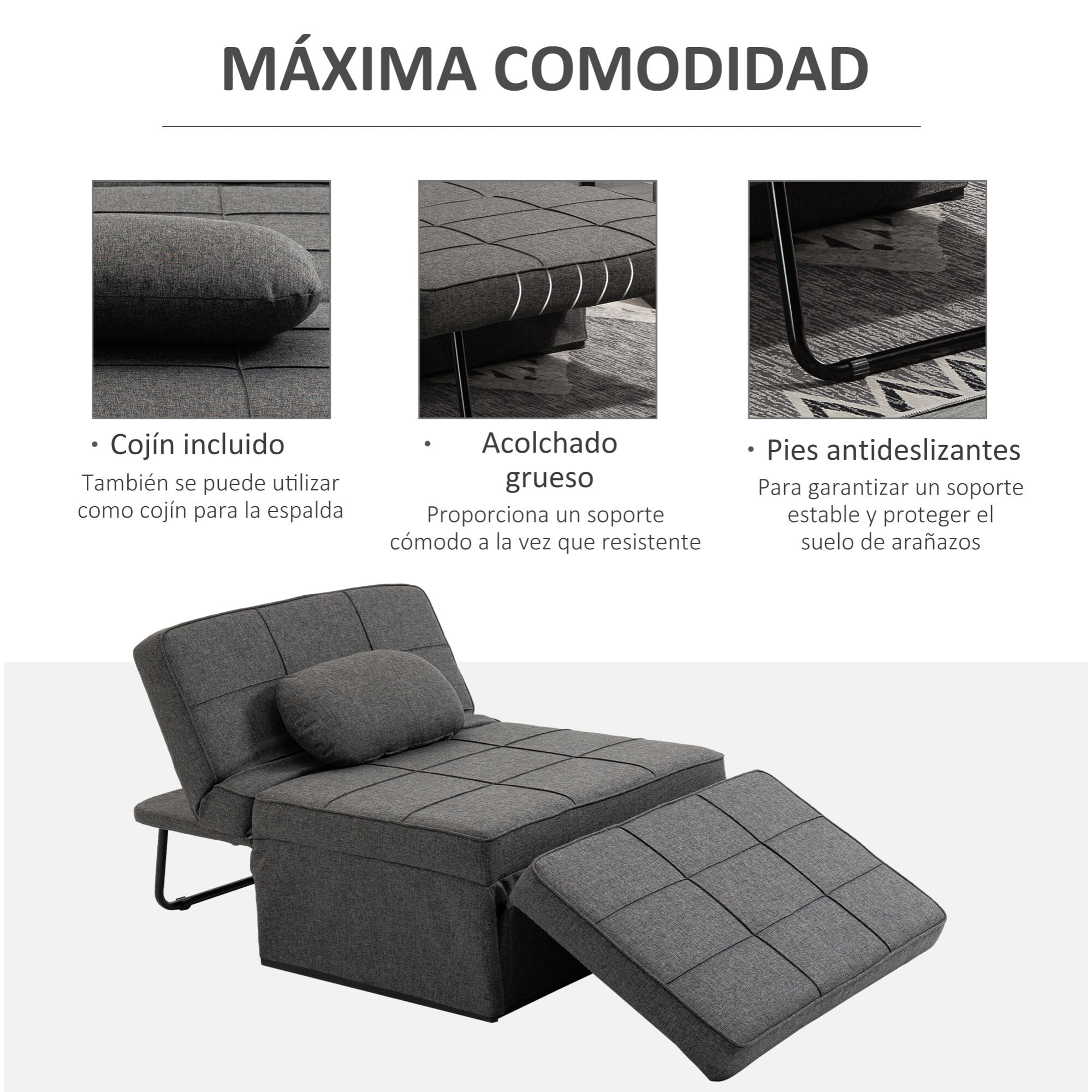 3 en 1 Sofá Cama Individual Tapizada en Lino Sillón Reclinable 95x189x43 cm Gris