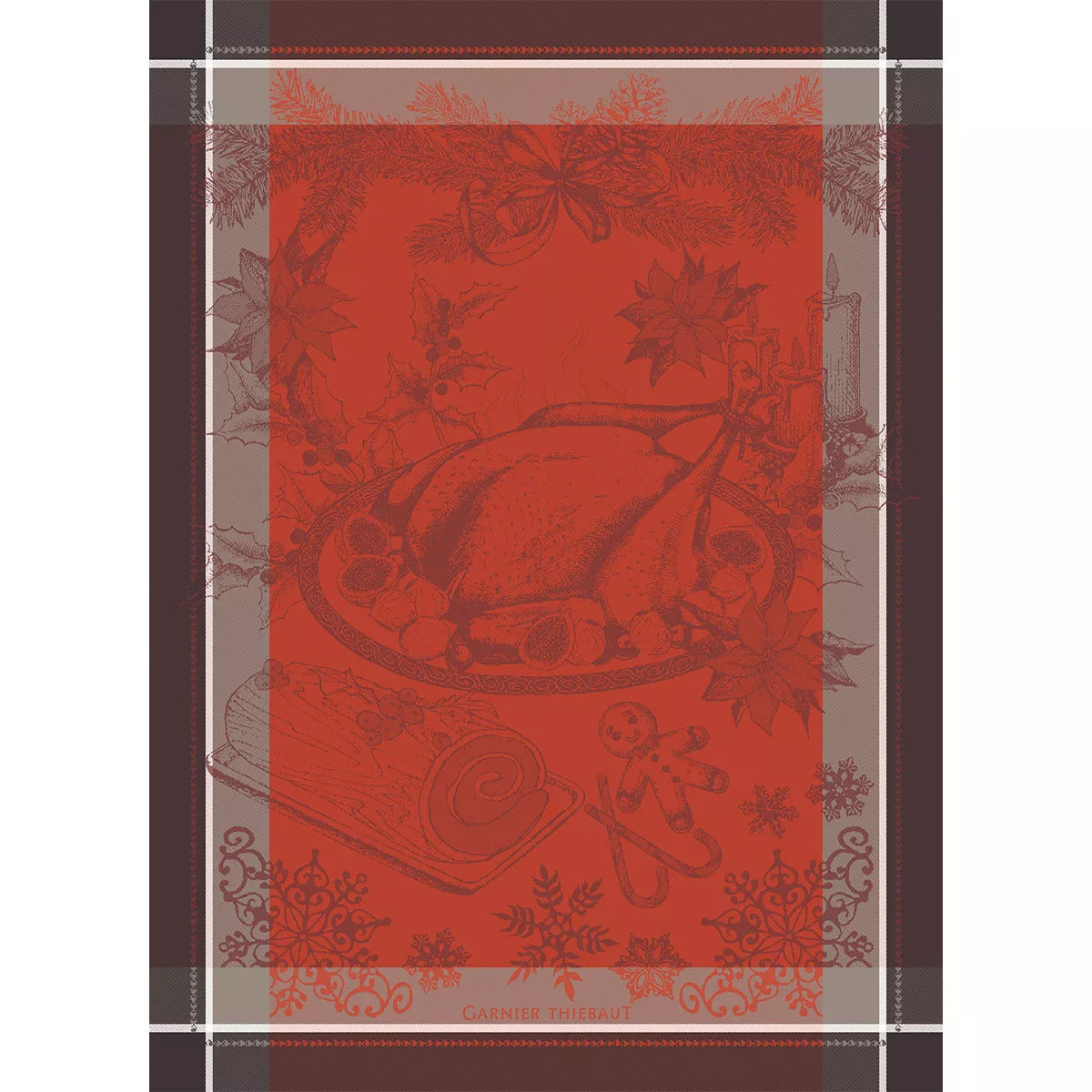 Torchon pur coton motif jacquard rouge marron Dinde de noel vermillon