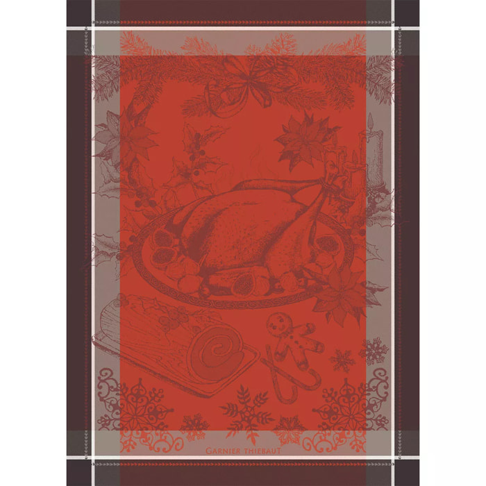 Torchon pur coton motif jacquard rouge marron Dinde de noel vermillon