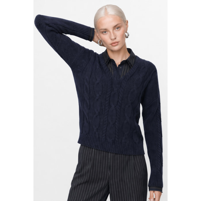 Kocca - Maglia da donna a trecce con maniche lunghe e scollo a V Donna