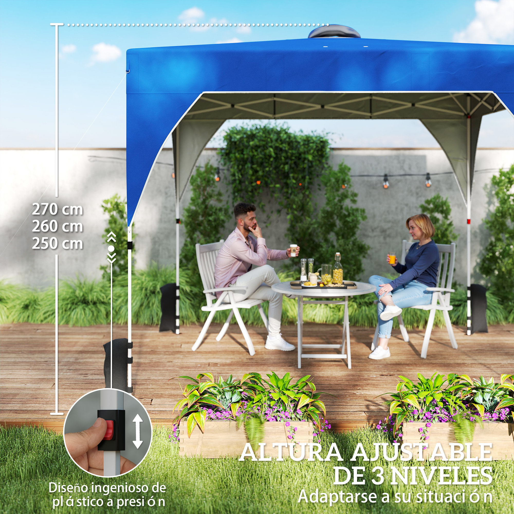 Carpa Plegable 3x3 m, Pop-up, Cenador Pabellón de Jardín con Ventilación Superior, Bloqueo Central, UPF50+, Altura Ajustable 3 Niveles, Bolsa Transporte con Ruedas, Sacos de Arena, Azul