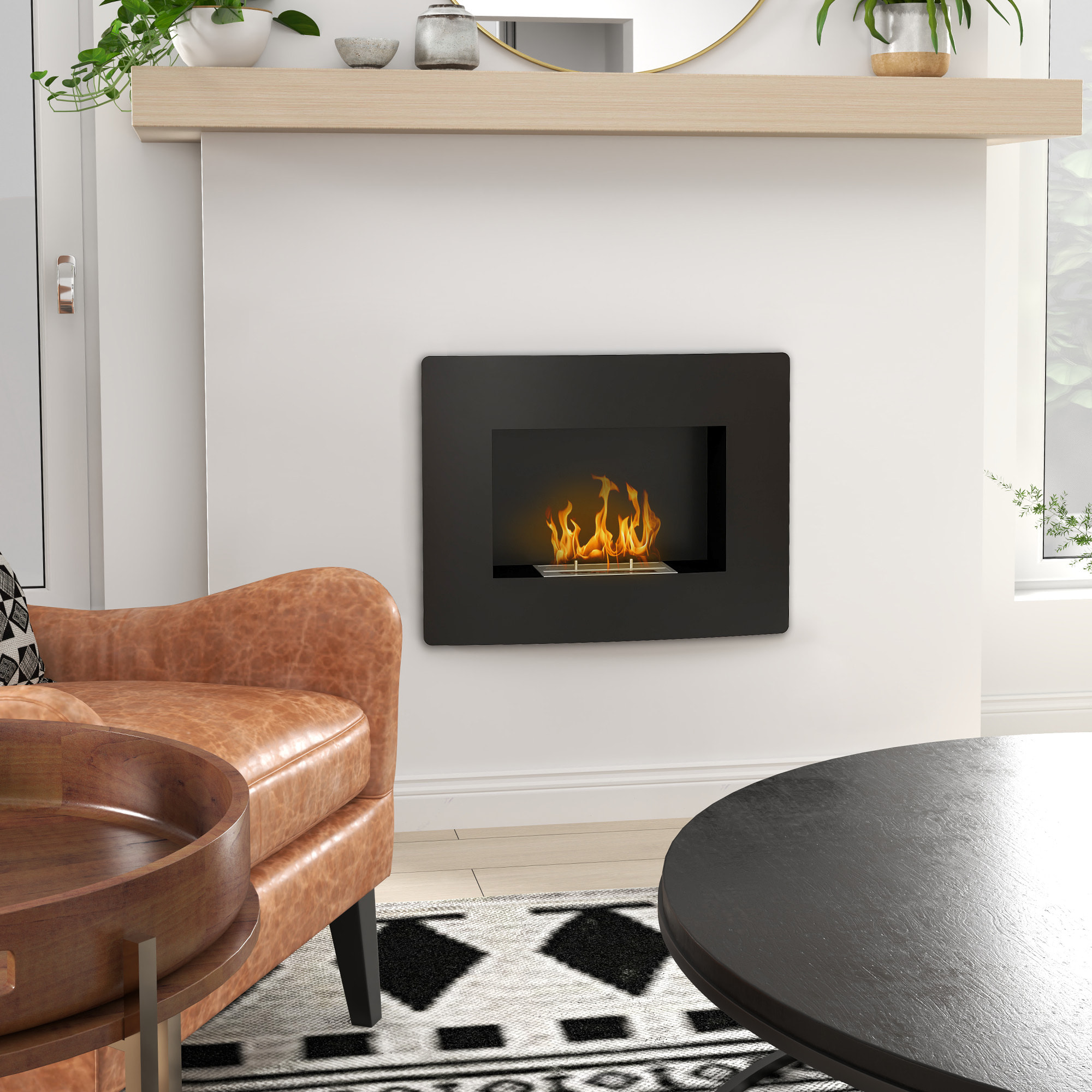 Chimenea de Bioetanol de Pared Estufa de Bioetanol Curva con Tanque de 0,9 L Apagallamas de Acero Inoxidable Tiempo de Combustión 3,3H para Interiores 15-20 m² 66x16x52 cm Negro