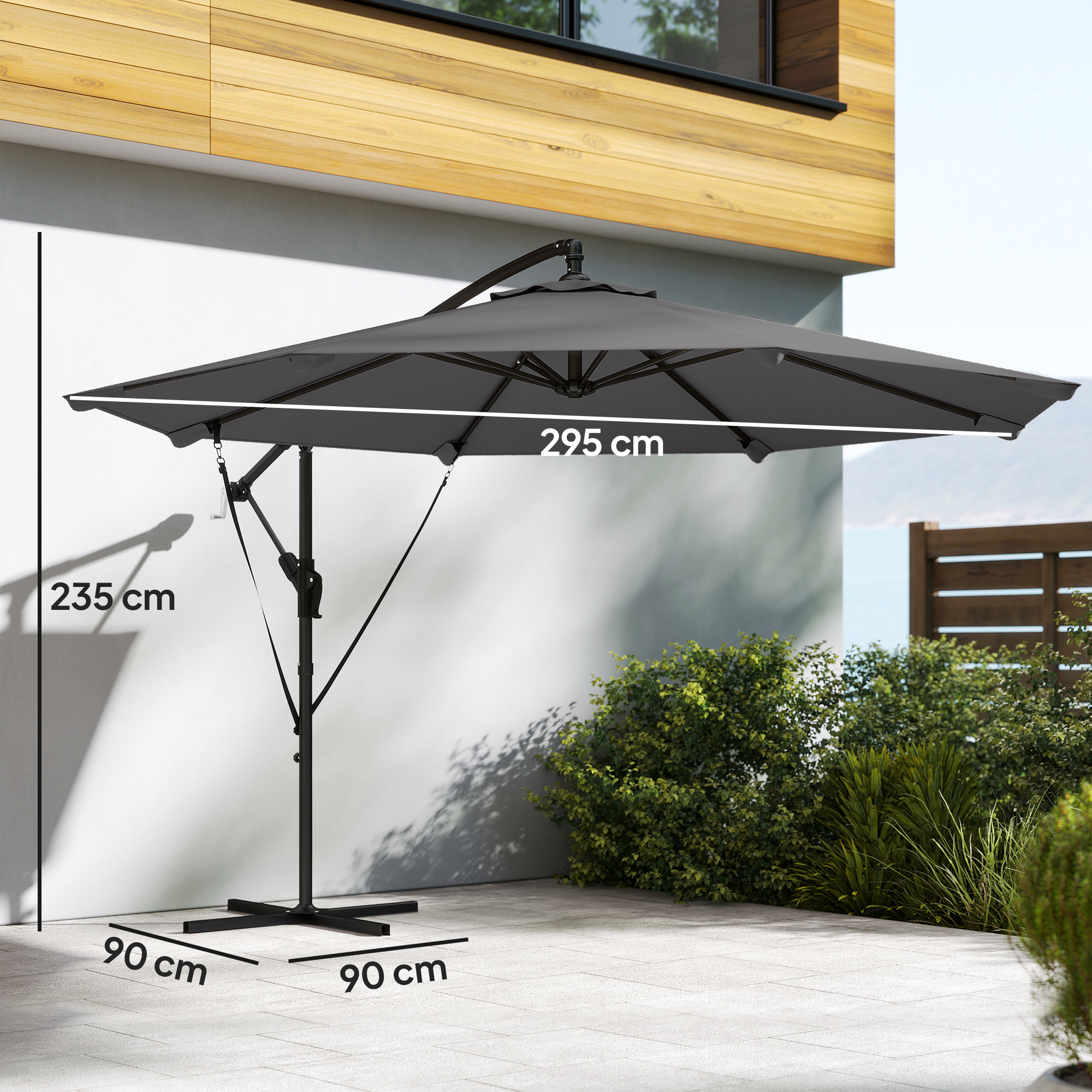 Parasol Excéntrico, Ø300 cm, Sombrilla de Jardín con Base Cruzada, Manivela, Funda Protectora y Cuerdas de Viento, UPF30+, para Terraza, Patio, Gris Oscuro
