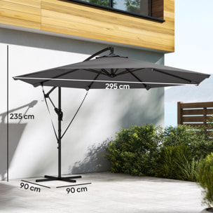 Parasol Excéntrico, Ø300 cm, Sombrilla de Jardín con Base Cruzada, Manivela, Funda Protectora y Cuerdas de Viento, UPF30+, para Terraza, Patio, Gris Oscuro