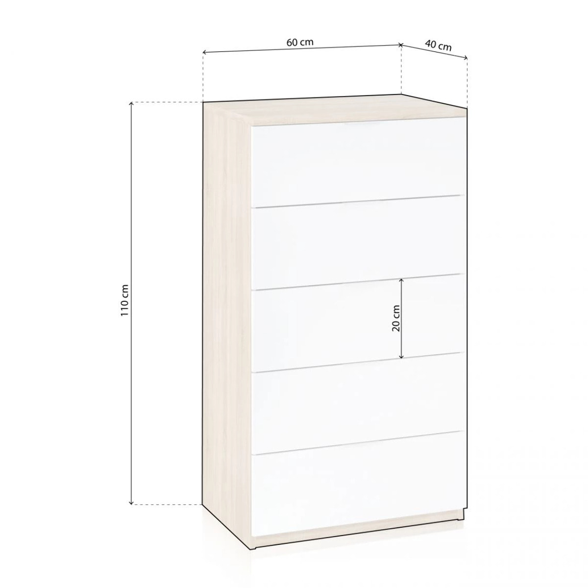Cómoda de 5 cajones formato vertical en blanco mate y roble canadian 60x110 cm Akari Blanco Artik (Blanco Mate) - Roble Canadian