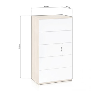 Cómoda de 5 cajones formato vertical en blanco mate y roble canadian 60x110 cm Akari Blanco Artik (Blanco Mate) - Roble Canadian
