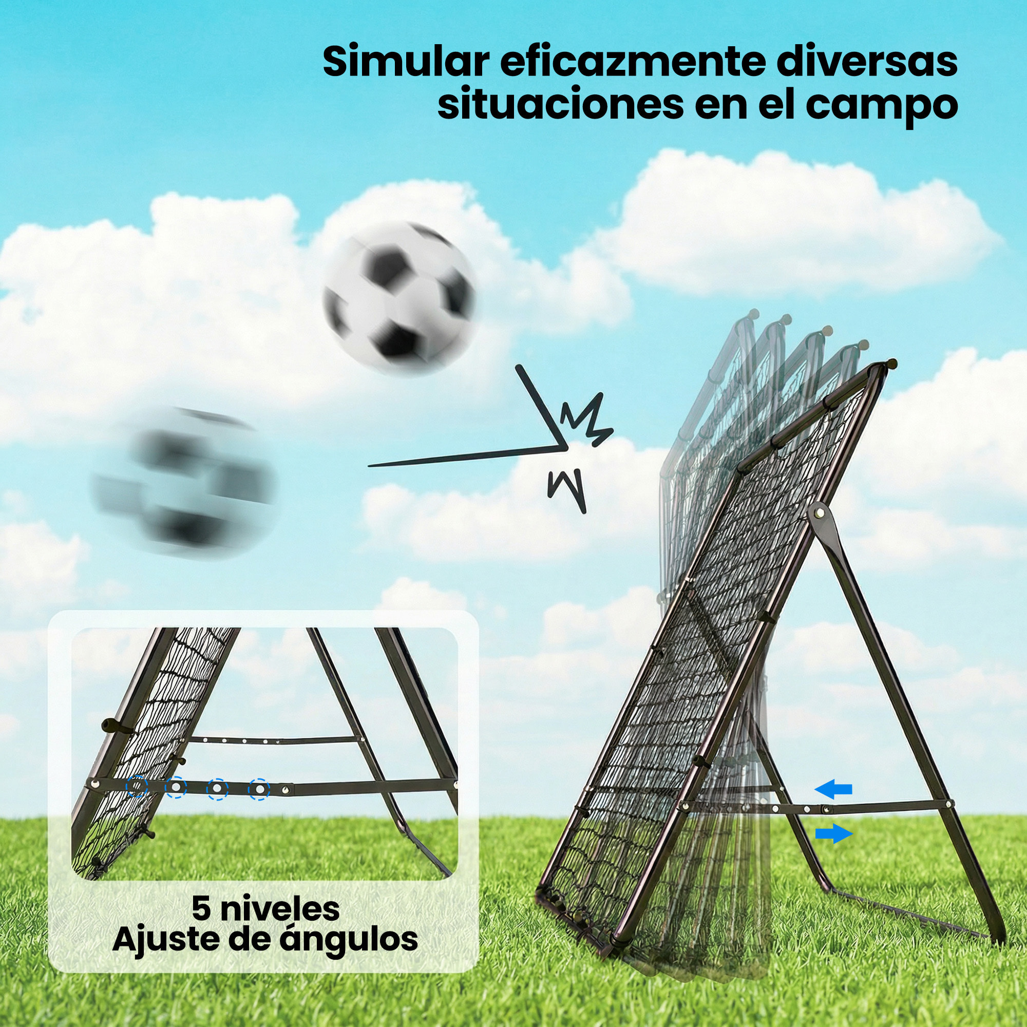 Red de Rebote Plegable, Reboteador de Fútbol Ángulo Ajustable de 5 Niveles, con Tubo de Acero, Fácil de Instalar, para Entrenamiento de Fútbol, 120x73x112 cm, Negro
