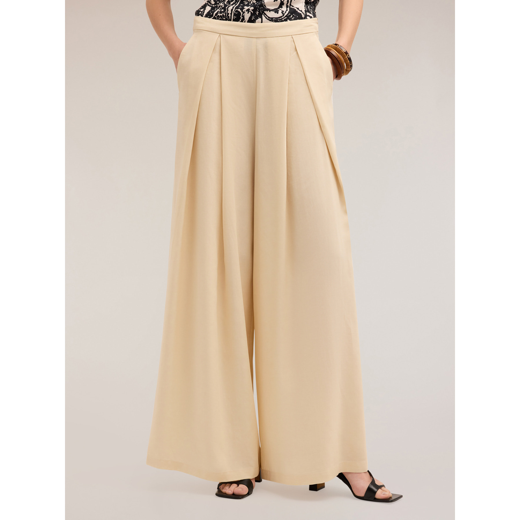 Motivi - Pantalones con pliegues de fuelle mezcla de lino - Beige