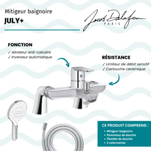 Mitigeur baignoire July+ + pommeau de douche Metro signature + flexible de douche lisse + colonnettes