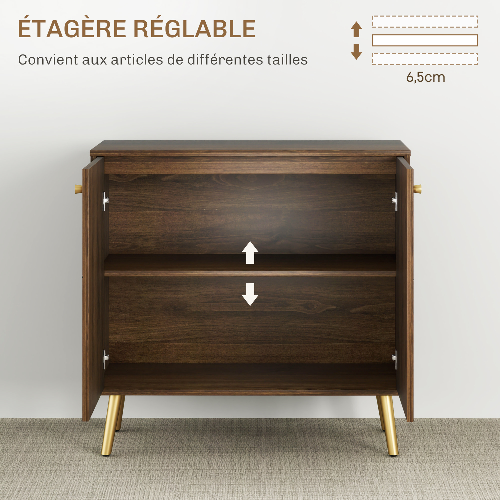 Buffet design - 2 portes, étagère - dim. 80 x 37 x 77 cm - doré effet bois