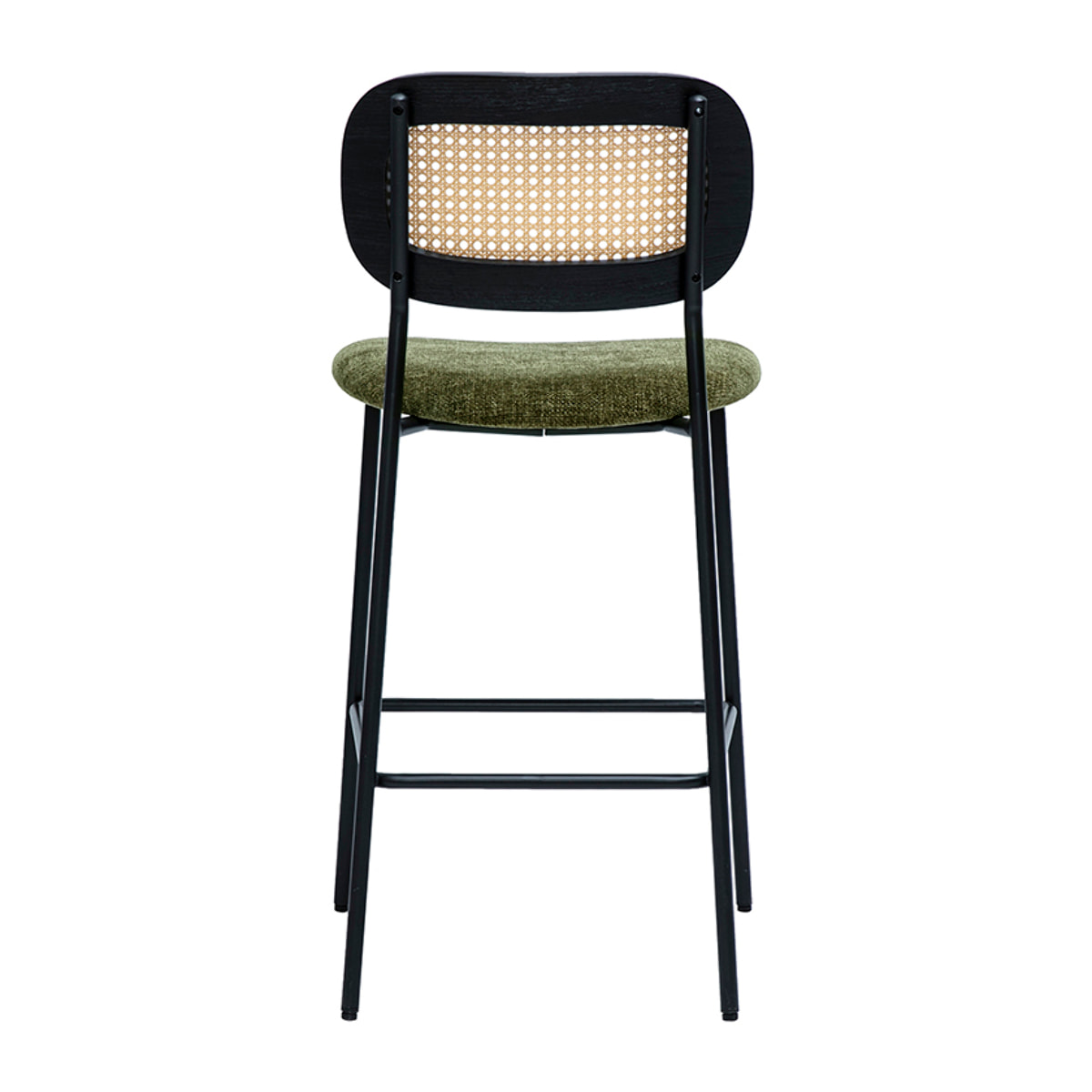 Tabourets design en tissu effet velours texturé vert kaki, métal noir et cannage rotin (lot de 2) MIRANDA